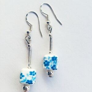 NWT 925 solid sterling silver Drop EARRINGS hand painted ceramic GIFT FOR HER 2…